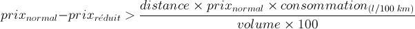 Formule de calcul de la différence de prix minimum à avoir en changeant de station-service en fonction de la distance