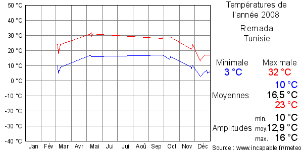 Températures de l'année 2008 pour Remada, Tunisie