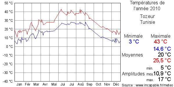 Températures de l'année 2010 pour Tozeur, Tunisie