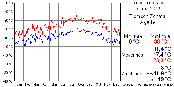 Températures de l'année 2013 pour Tlemcen Zenata, Algérie