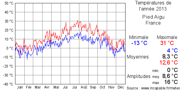 Températures de l'année 2013 pour Pied Aigu, France