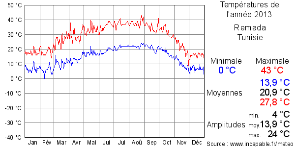 Températures de l'année 2013 pour Remada, Tunisie