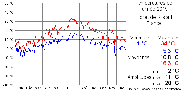 Températures de l'année 2015 pour Foret de Risoul, France