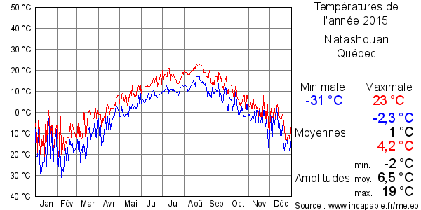 Températures de l'année 2015 pour Natashquan, Québec