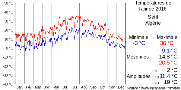 Températures de l'année 2016 pour Setif, Algérie