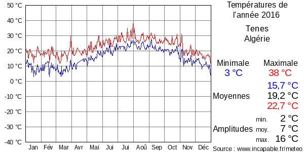 Températures de l'année 2016 pour Tenes, Algérie