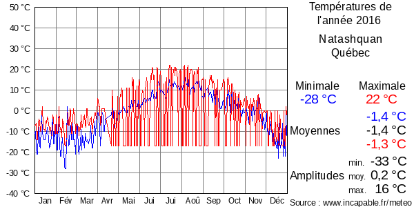 Températures de l'année 2016 pour Natashquan, Québec
