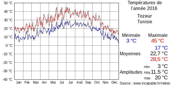 Températures de l'année 2016 pour Tozeur, Tunisie
