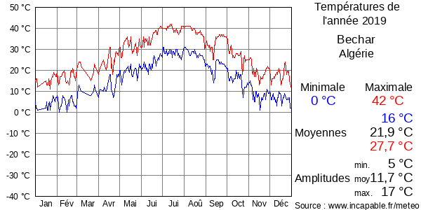 Températures de l'année 2019 pour Bechar, Algérie