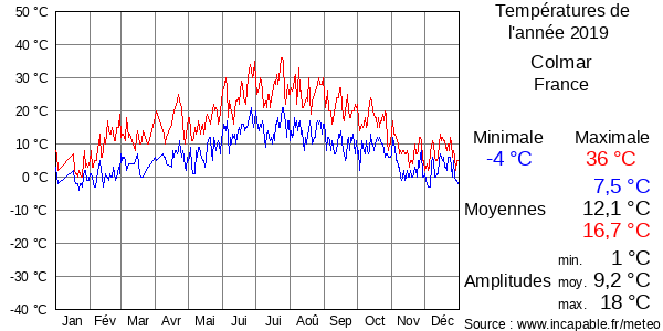 Températures de l'année 2019 pour Colmar, France