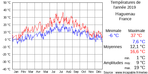 Températures de l'année 2019 pour Haguenau, France