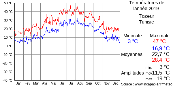Températures de l'année 2019 pour Tozeur, Tunisie