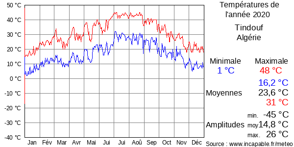 Températures de l'année 2020 pour Tindouf, Algérie