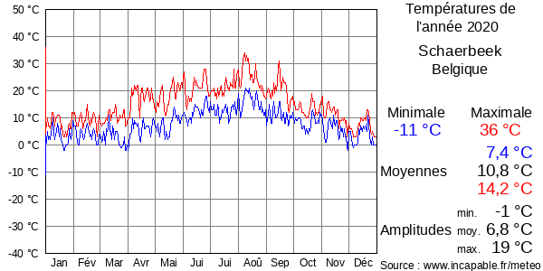 Températures de l'année 2020 pour Schaerbeek, Belgique
