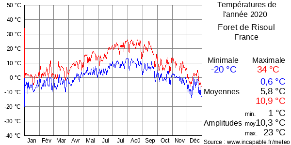 Températures de l'année 2020 pour Foret de Risoul, France