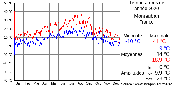 Températures de l'année 2020 pour Montauban, France