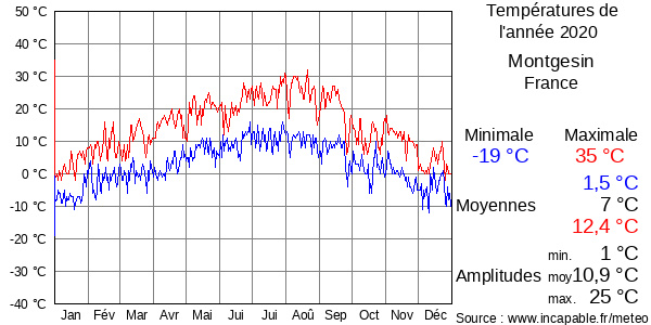 Températures de l'année 2020 pour Montgesin, France