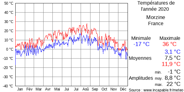 Températures de l'année 2020 pour Morzine, France