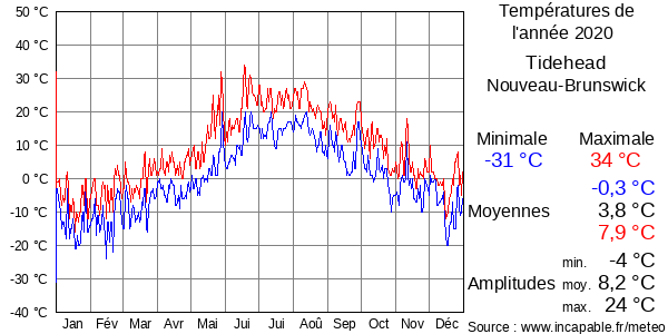 Températures de l'année 2020 pour Tidehead, Nouveau-Brunswick