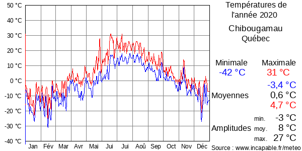 Températures de l'année 2020 pour Chibougamau, Québec